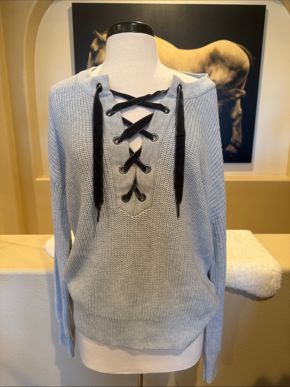 Rails Olivia Heather Gray Velvet Lace-Up V-Neck Knit Sweater